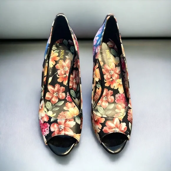 Nine West black floral peep toe heels size 7 - Picture 3 of 6